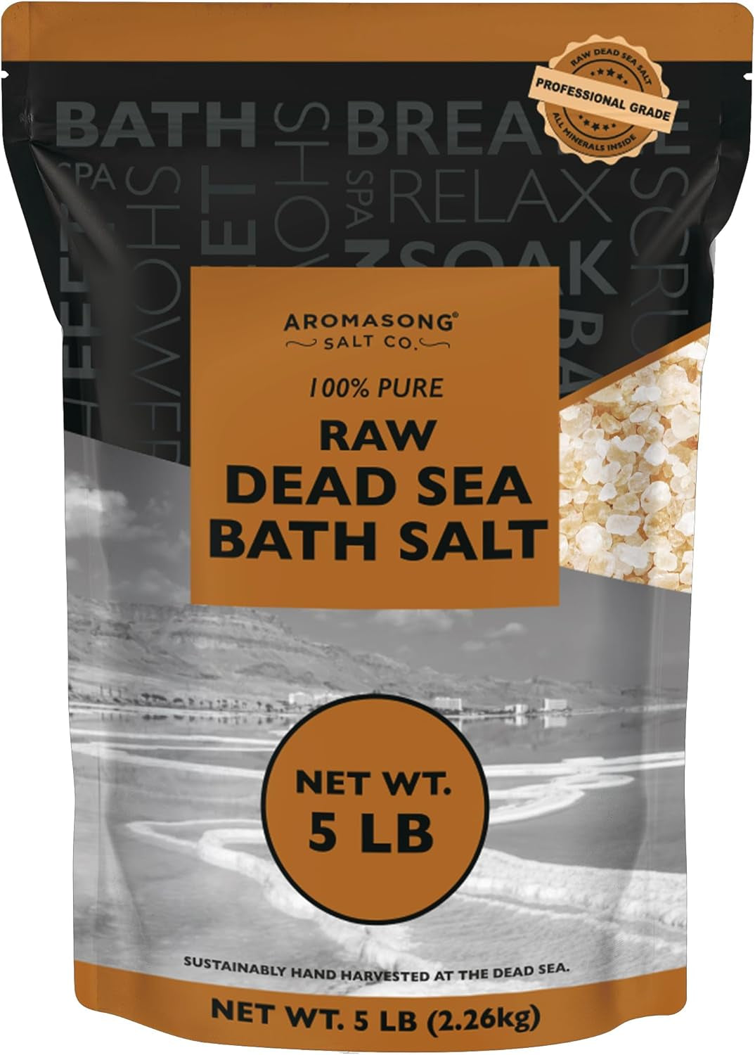 5 Lbs Raw Dead Sea Salt - Contains All Dead Sea Minerals Including Dead Sea Mud - Fine Medium Grain Bath Salt Large Resealable Bulk Pack (Packaging May Vary)