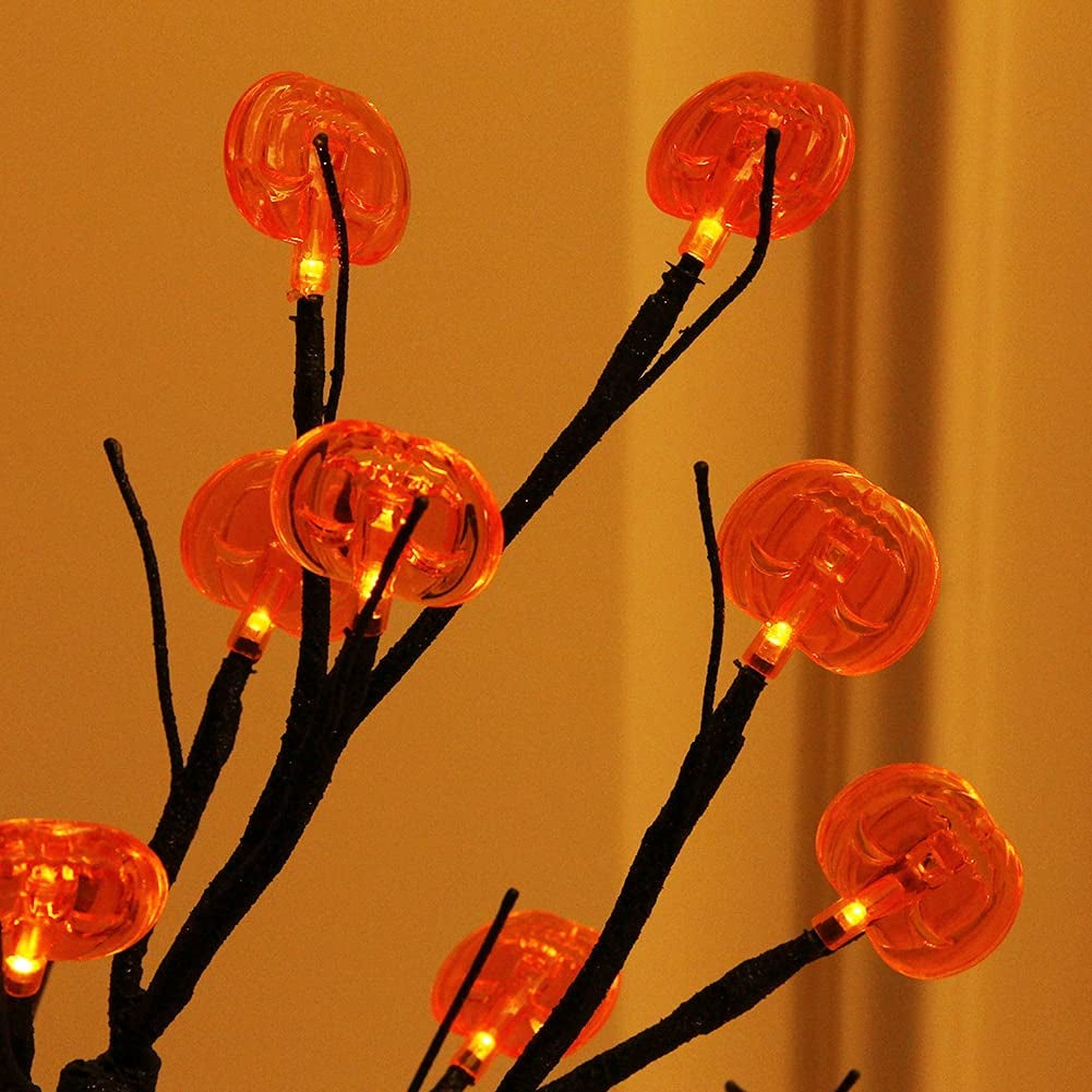 24 LED Lighted Halloween Tree, Battery Operated Birch Tree with 24 DIY Pumpkins, Indoor Home Table Desktop Best Halloween Decorations Gift Package