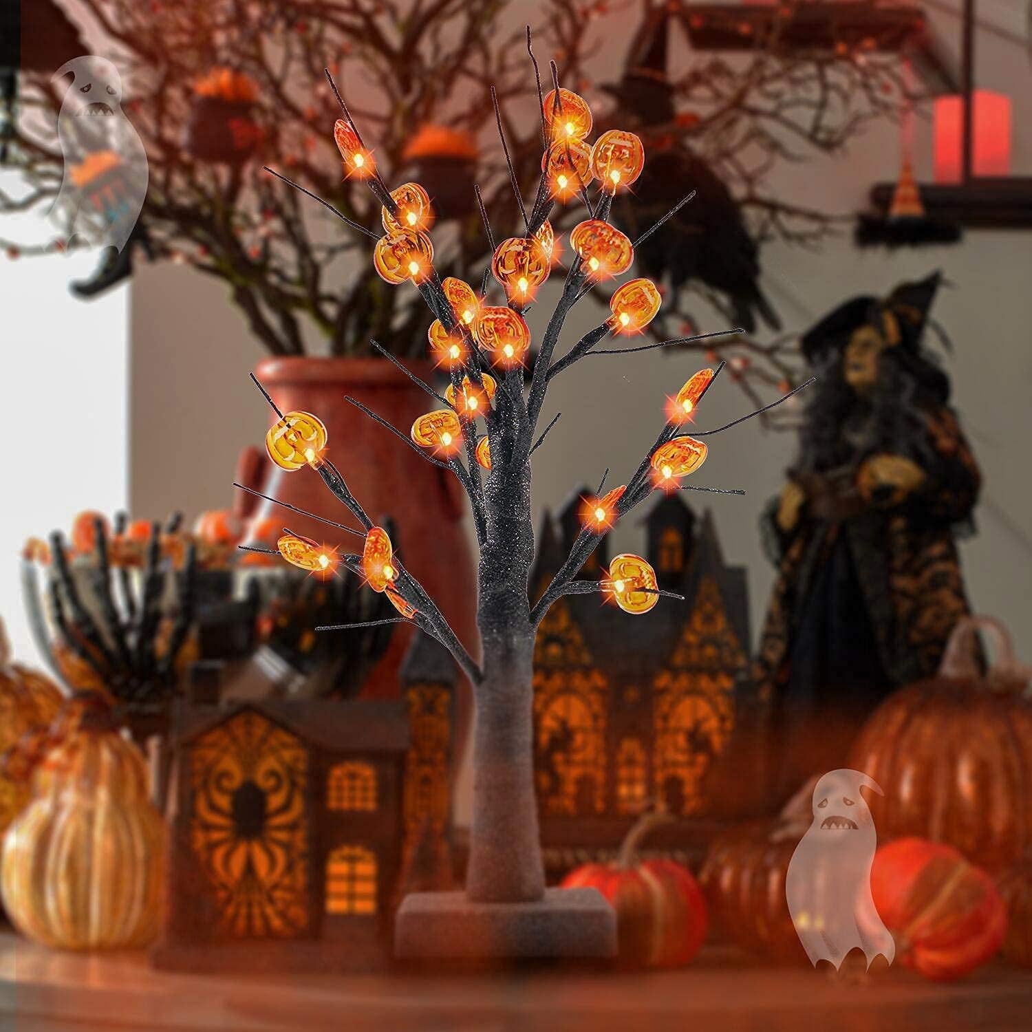 24 LED Lighted Halloween Tree, Battery Operated Birch Tree with 24 DIY Pumpkins, Indoor Home Table Desktop Best Halloween Decorations Gift Package