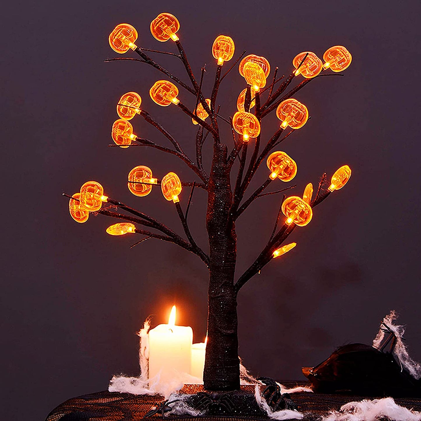 24 LED Lighted Halloween Tree, Battery Operated Birch Tree with 24 DIY Pumpkins, Indoor Home Table Desktop Best Halloween Decorations Gift Package