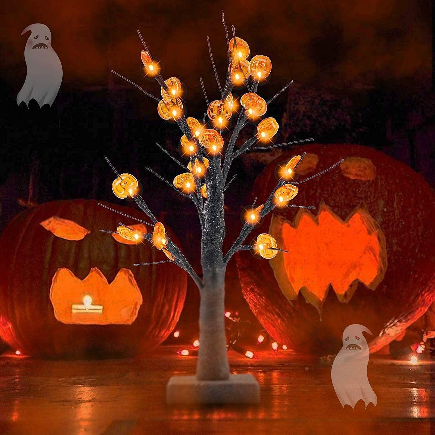 24 LED Lighted Halloween Tree, Battery Operated Birch Tree with 24 DIY Pumpkins, Indoor Home Table Desktop Best Halloween Decorations Gift Package