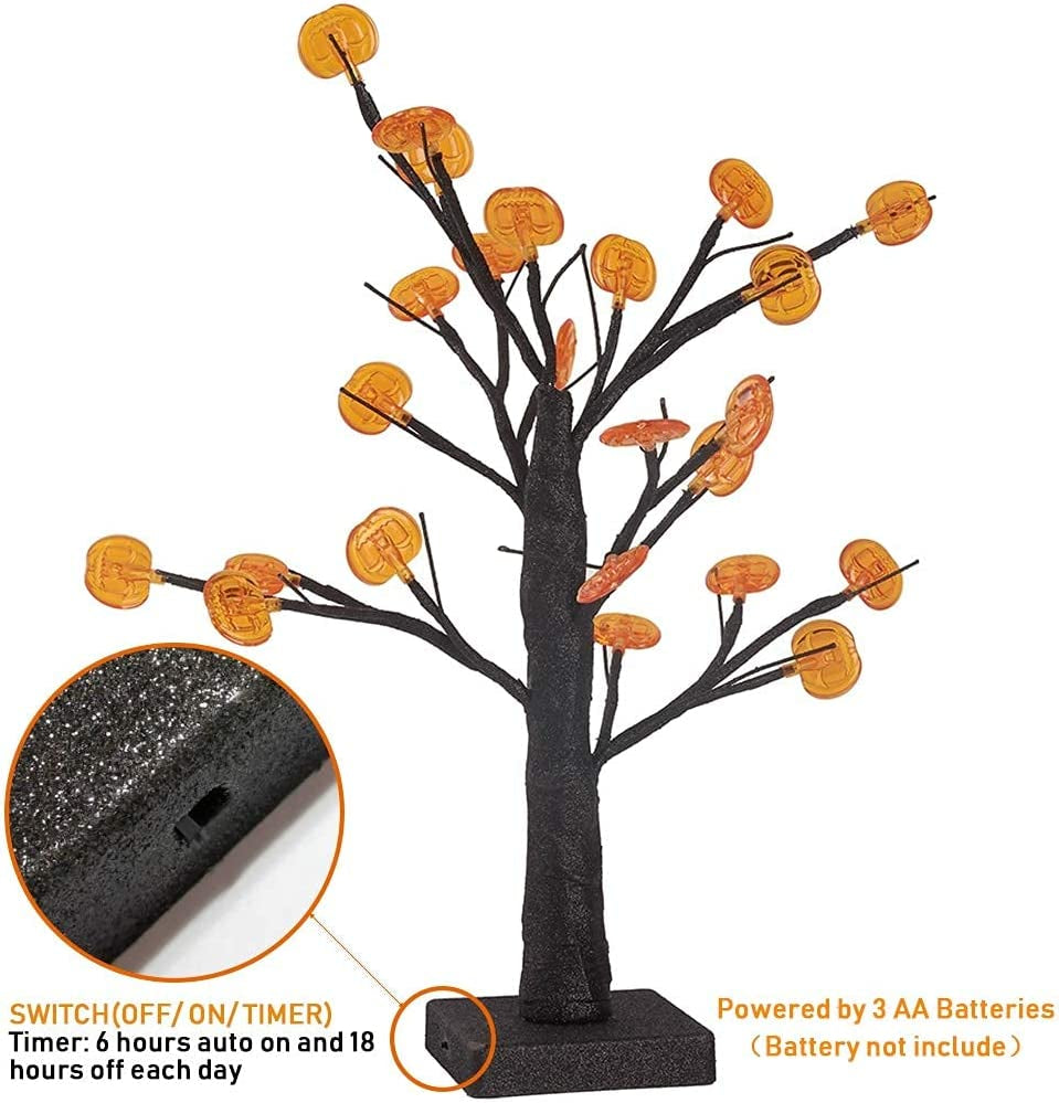 24 LED Lighted Halloween Tree, Battery Operated Birch Tree with 24 DIY Pumpkins, Indoor Home Table Desktop Best Halloween Decorations Gift Package